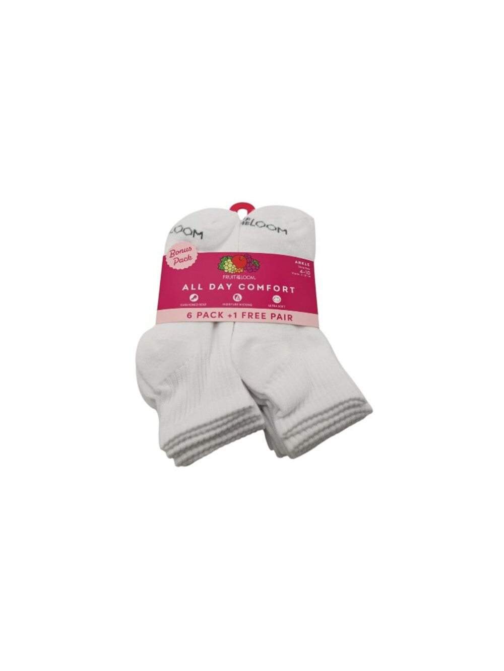 NIP Fruit of the Loom 7 Pack All Day Comfort Ankle Socks Shoe Sz 4-10 White Soft